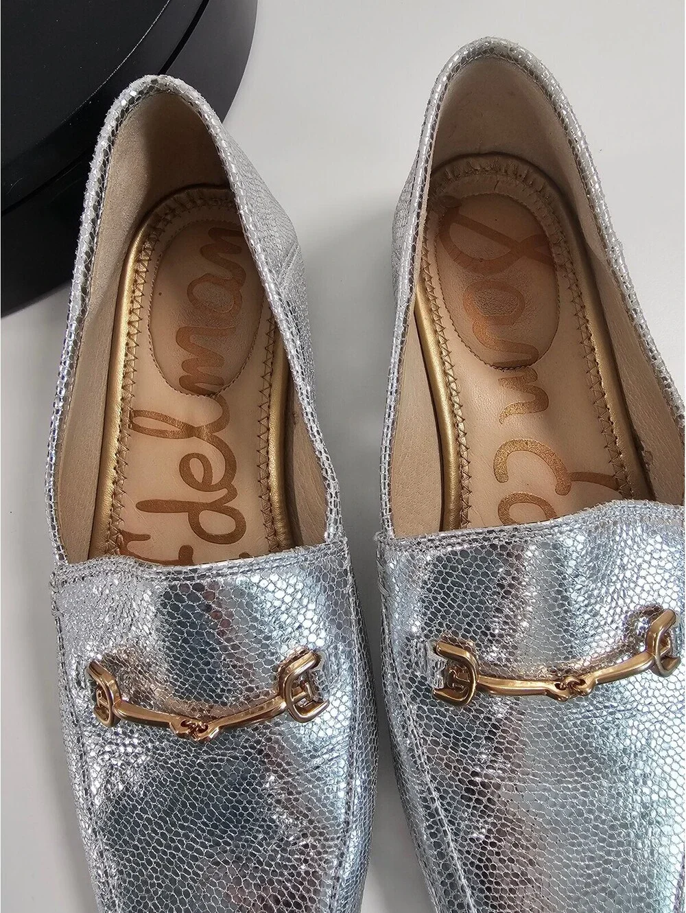 Sam Edelman Silver Metallic Loafers with Gold Buckle Detail